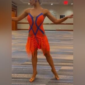 Shakira Designs Orange and Blue Fringe Ballroom Dress